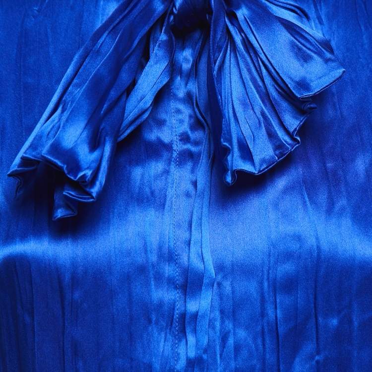 Pre Owned Roberto Cavalli Blue Satin Silk Pleated Tie-Neck Shirt S