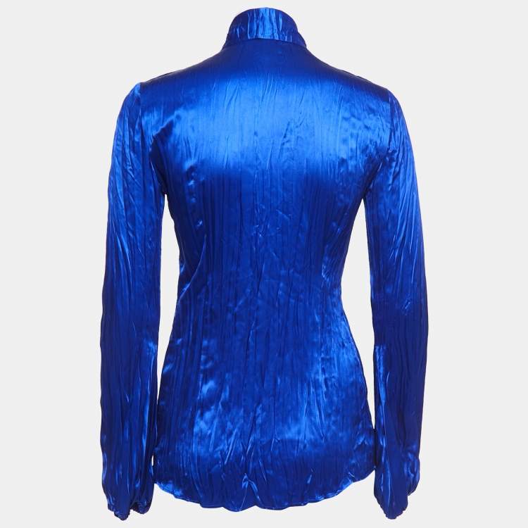 Pre Owned Roberto Cavalli Blue Satin Silk Pleated Tie-Neck Shirt S