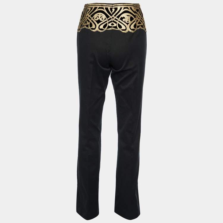 Pre Owned Roberto Cavalli Black Cotton & Printed Velvet Detail Pants L