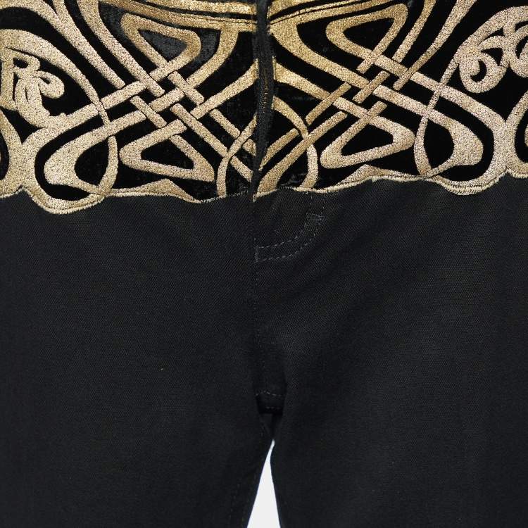 Pre Owned Roberto Cavalli Black Cotton & Printed Velvet Detail Pants L