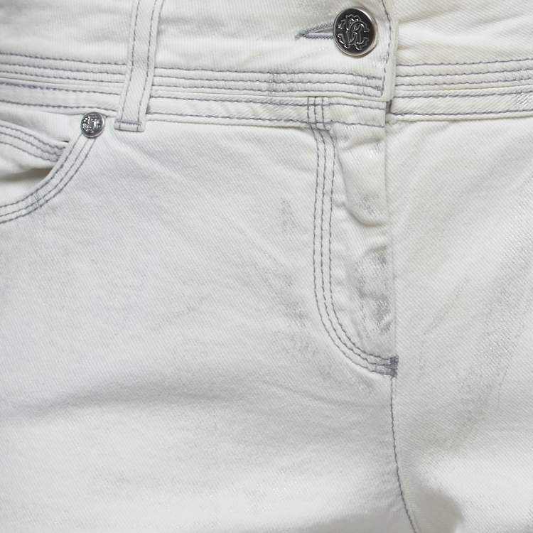 Pre Owned Roberto Cavalli White Patterned Denim Stitch Detailed  Jeans M Waist 30"