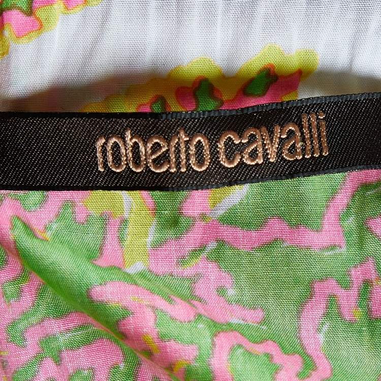 Pre Owned Roberto Cavalli Multicolor Printed Cotton High Low Hem Midi Dress M