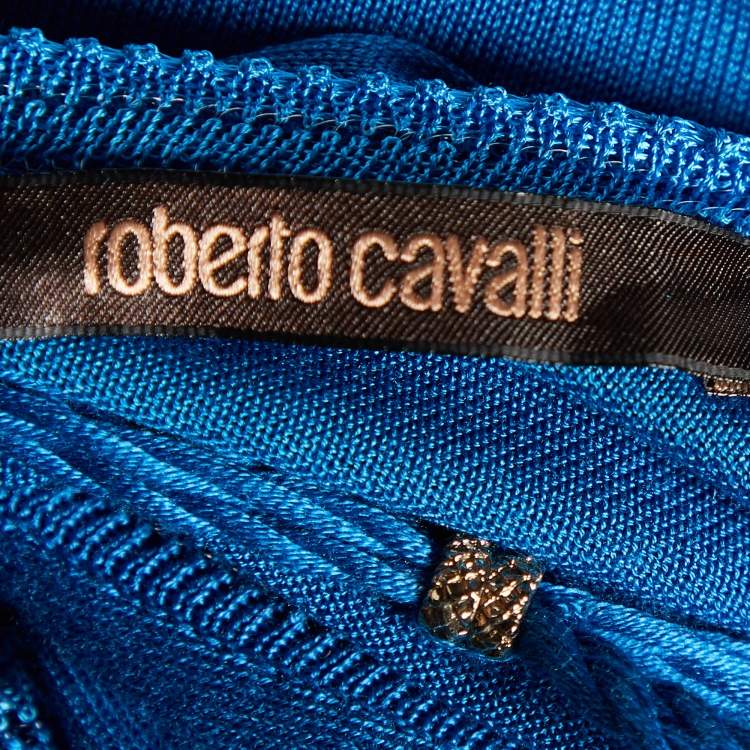 مملوكة مسبقًا Roberto Cavalli Blue Silk Knit Off Shoulder Mini Dress M
