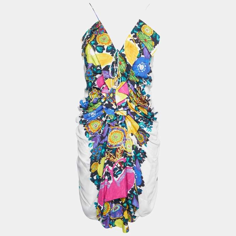 مملوكة مسبقًا Roberto Cavalli Multicolor Printed Viscose Ruched Sleeveless Mini Dress L
