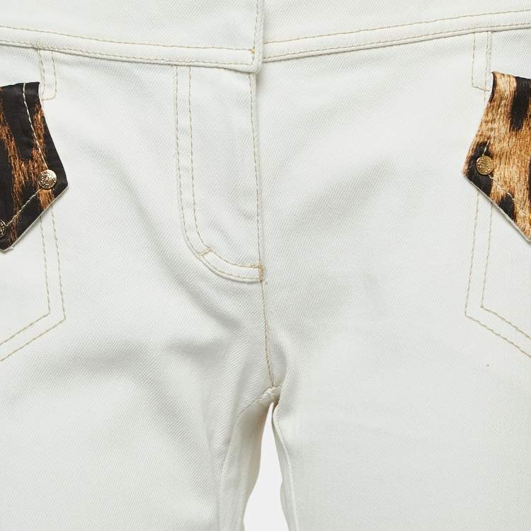 Pre Owned Roberto Cavalli White Denim Silk Animal Print Silk Trimmed Cropped Jeans L Waist 32"