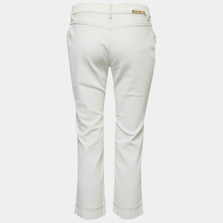 Pre Owned Roberto Cavalli White Denim Silk Animal Print Silk Trimmed Cropped Jeans L Waist 32"