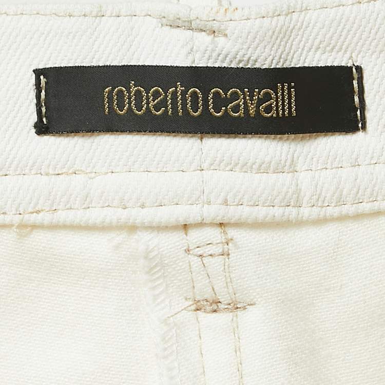 Pre Owned Roberto Cavalli White Denim Silk Animal Print Silk Trimmed Cropped Jeans L Waist 32"