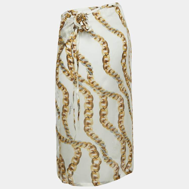 Pre Owned Roberto Cavalli Cream Chain Print Silk Wrap Mini Skirt M