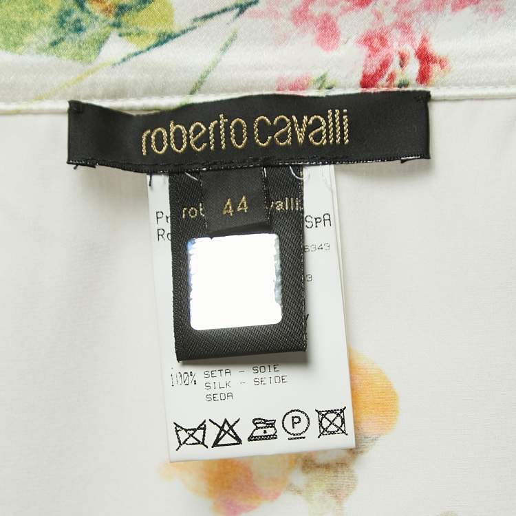 Pre Owned Roberto Cavalli White Floral Print Satin Mini Wrap Skirt M