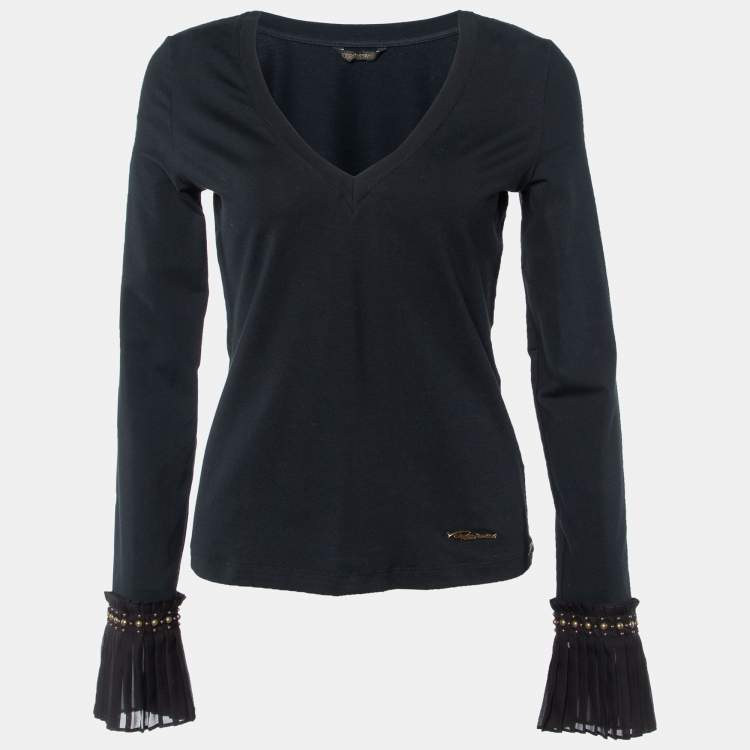 مملوكة مسبقًا Roberto Cavalli Black Cotton Knit V-Neck Long Sleeve T-Shirt L 