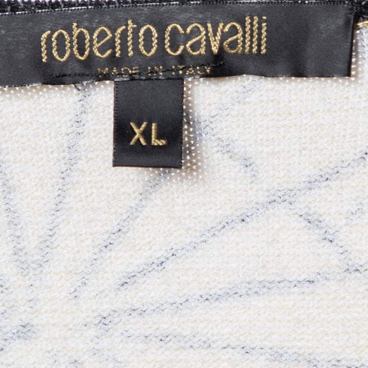 Pre Owned Roberto Cavalli Beige Printed Knit Leather trim Top & Silk Satin Pants XL/M
