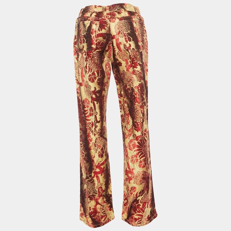 Pre Owned Roberto Cavalli Red & Gold Printed Denim Jeans S