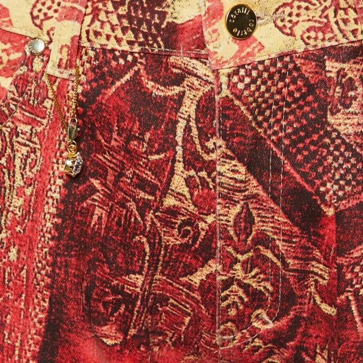 Pre Owned Roberto Cavalli Red & Gold Printed Denim Jeans S