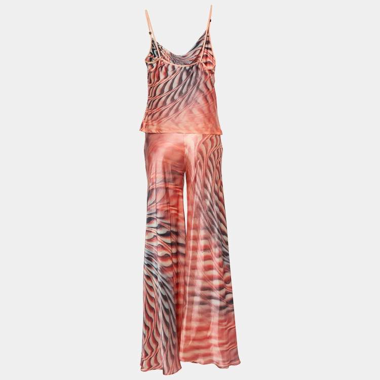 Pre Owned Roberto Cavalli Pink Printed Jersey Cami Top & Silk Satin Pants XL/M
