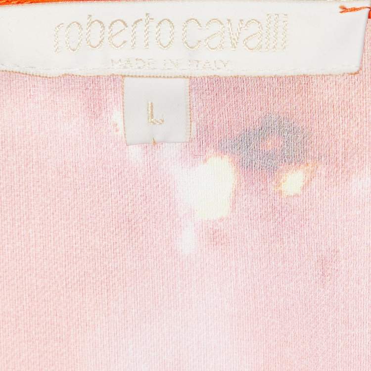 Pre Owned Roberto Cavalli Multicolor Printed Silk Ruffled Top & Satin Palazzo Pants L/M