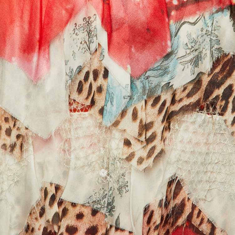 Pre Owned Roberto Cavalli Multicolor Printed Silk Ruffled Top & Satin Palazzo Pants L/M