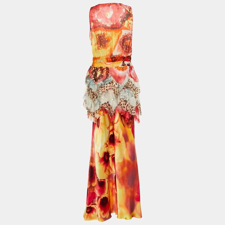 Pre Owned Roberto Cavalli Multicolor Printed Silk Ruffled Top & Satin Palazzo Pants L/M