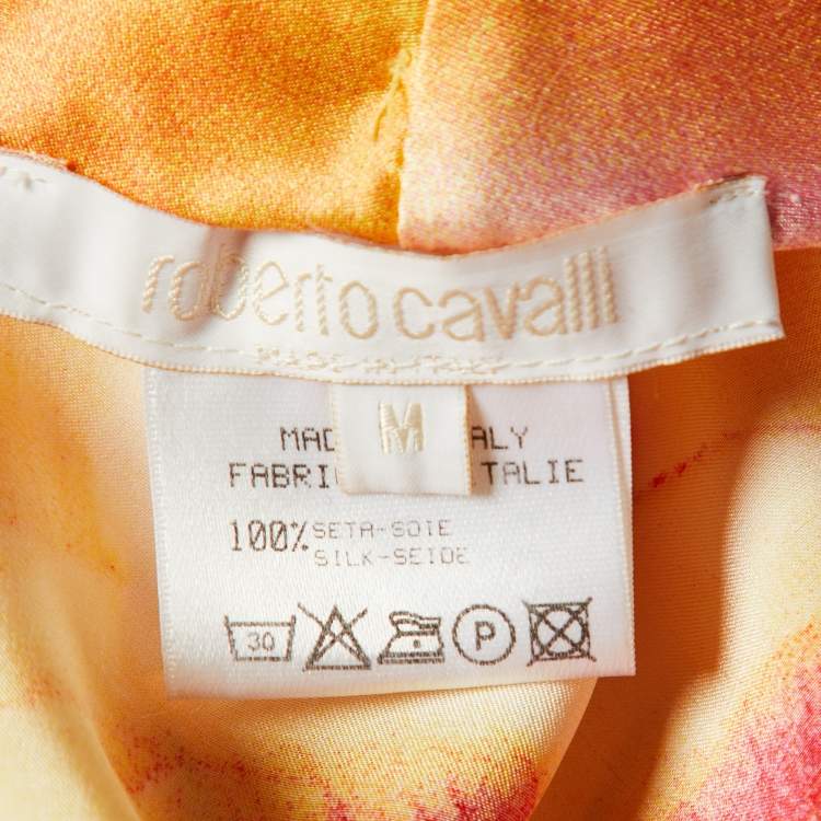 Pre Owned Roberto Cavalli Multicolor Printed Silk Ruffled Top & Satin Palazzo Pants L/M