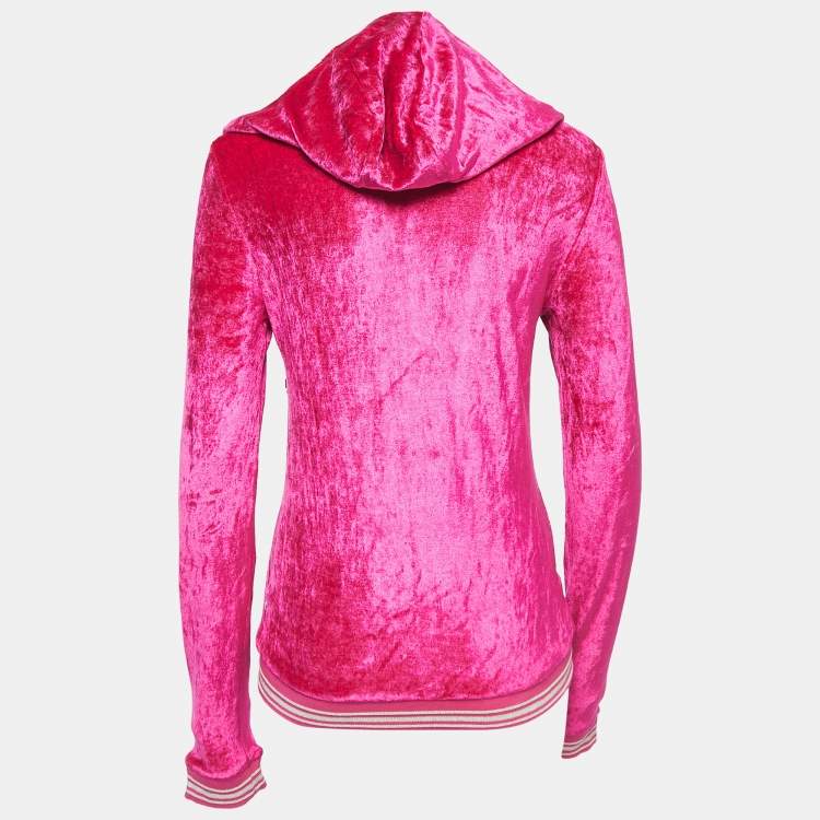 Pre Owned Roberto Cavalli Pink Velvet Logo Patch Zip Front Hooded Jacket M