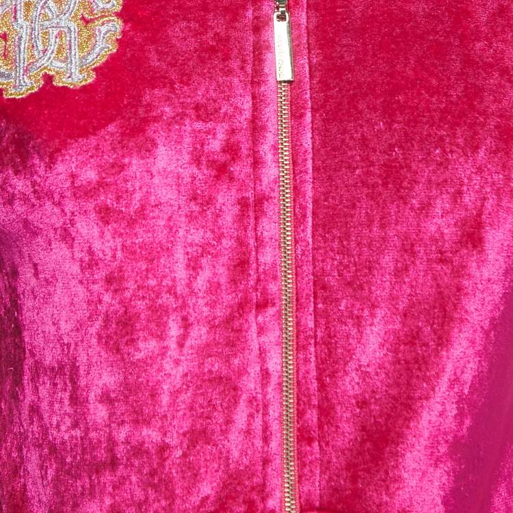 Pre Owned Roberto Cavalli Pink Velvet Logo Patch Zip Front Hooded Jacket M