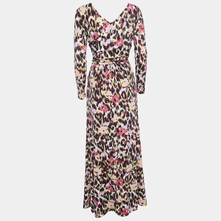 مملوكة مسبقًا Roberto Cavalli Multicolor Leopard Print Stretch Knit Cutout Detailed Maxi Dress S