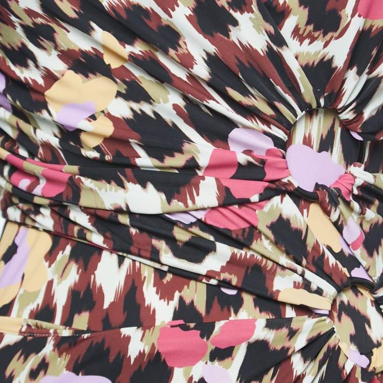 مملوكة مسبقًا Roberto Cavalli Multicolor Leopard Print Stretch Knit Cutout Detailed Maxi Dress S