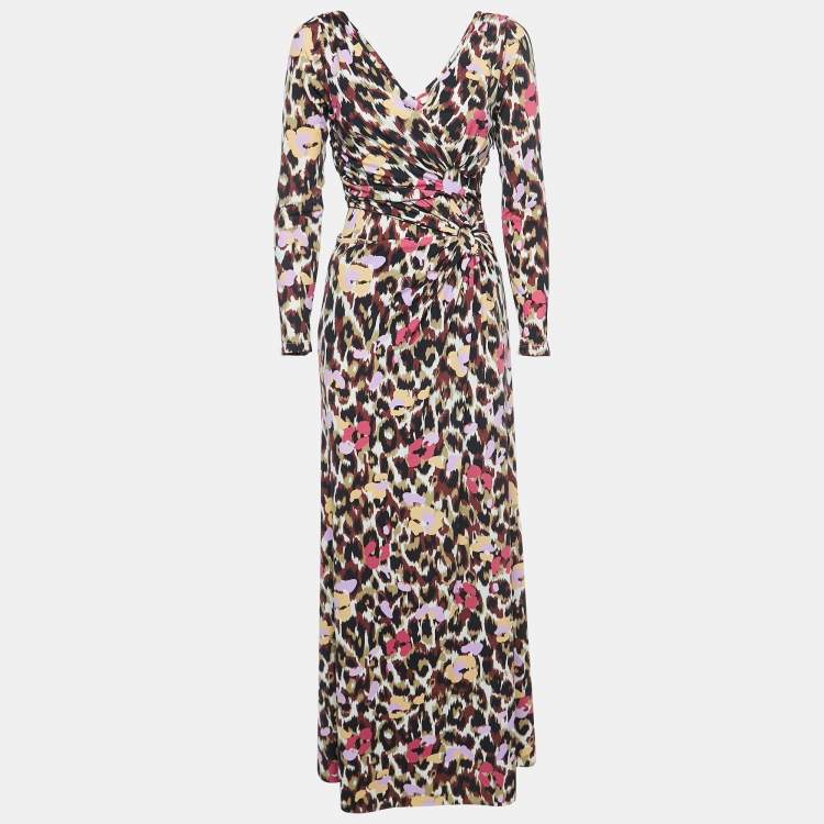 مملوكة مسبقًا Roberto Cavalli Multicolor Leopard Print Stretch Knit Cutout Detailed Maxi Dress S