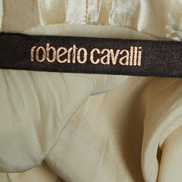 Pre Owned Roberto Cavalli Beige Pleated Satin Silk Neck Tie Buttoned Blouse S