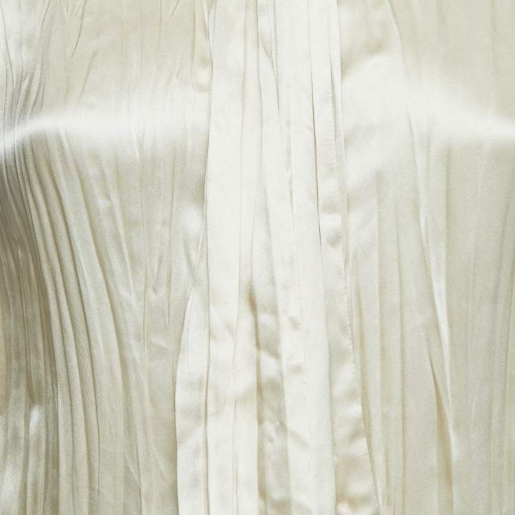 Pre Owned Roberto Cavalli Beige Pleated Satin Silk Neck Tie Buttoned Blouse S