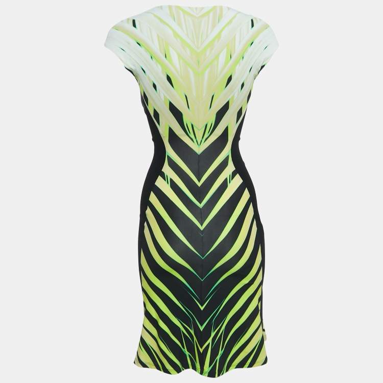 مملوكة مسبقًا Roberto Cavalli Black/Green Abstract Print Knit Sleeveless Flared Mini Dress XS