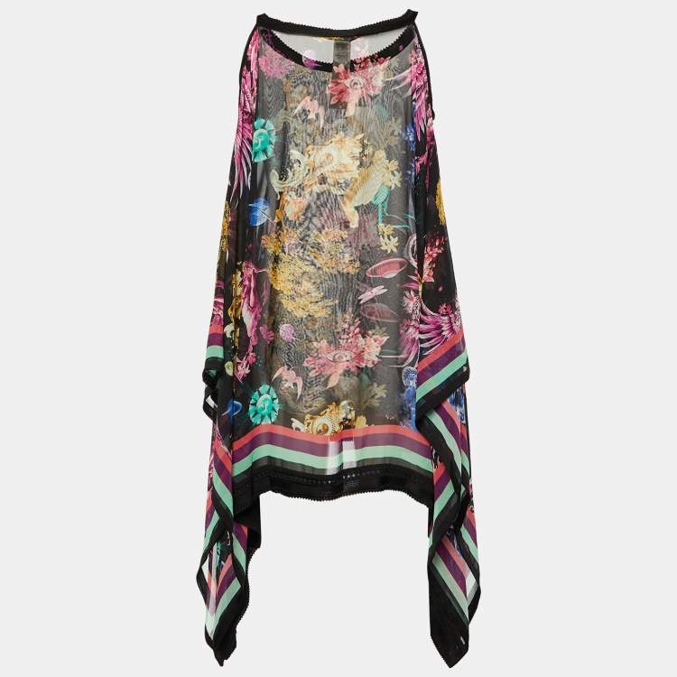 Pre Owned Roberto Cavalli Black Printed Silk Sheer Kaftan Top S