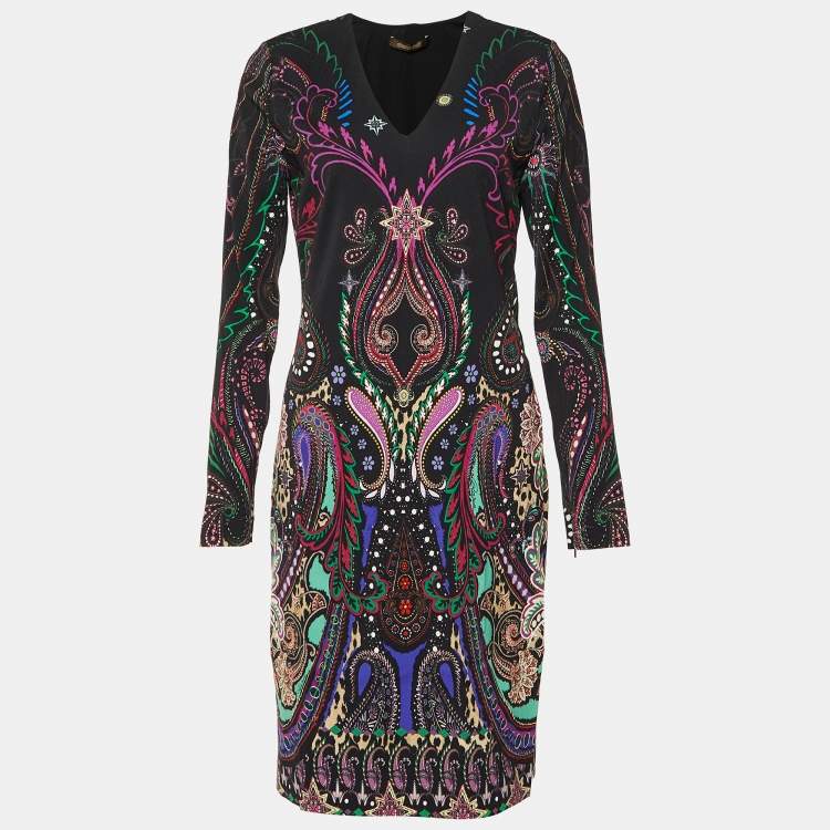 Pre Owned Roberto Cavalli Black Printed Viscose Jersey Knit Midi Dress M