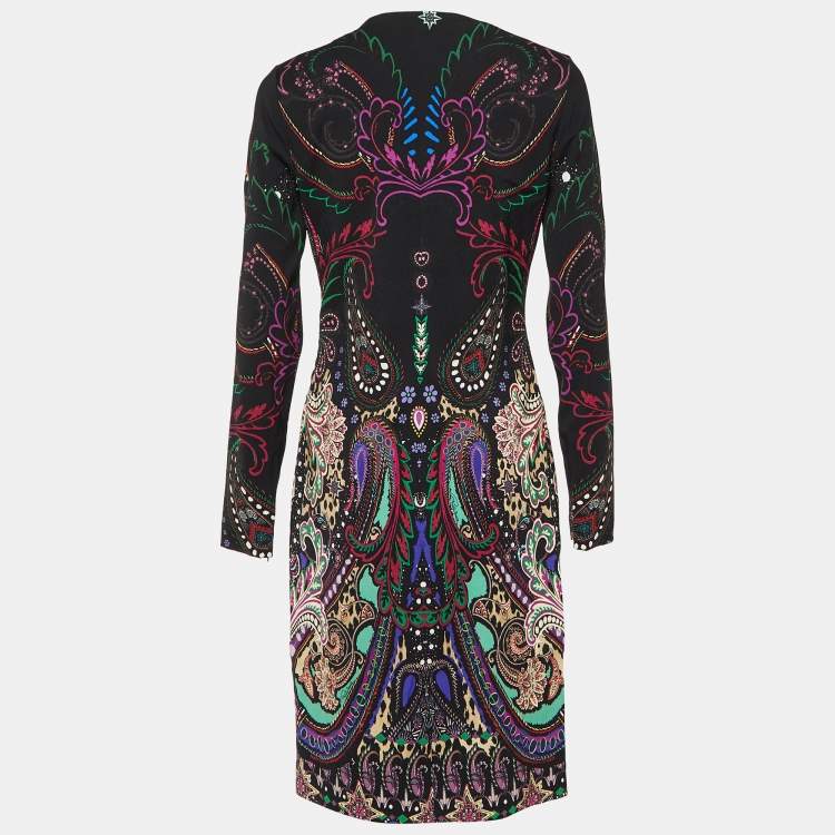 Pre Owned Roberto Cavalli Black Printed Viscose Jersey Knit Midi Dress M