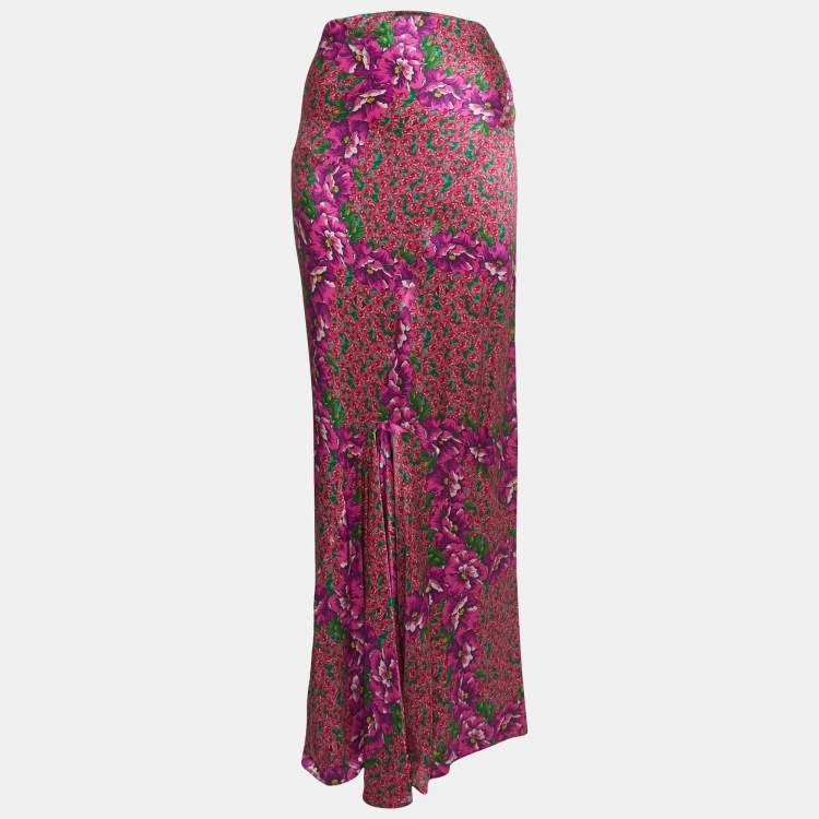 Pre Owned Roberto Cavalli Pink Floral Print Satin Silk Ruffled Maxi Skirt S