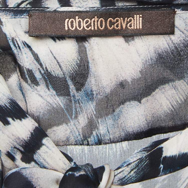Pre Owned Roberto Cavalli Beige/Black Print Silk Button Front Ruffled Blouse M
