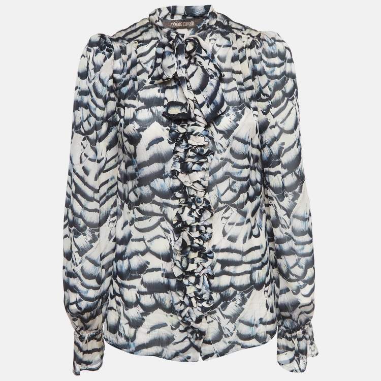 Pre Owned Roberto Cavalli Beige/Black Print Silk Button Front Ruffled Blouse M