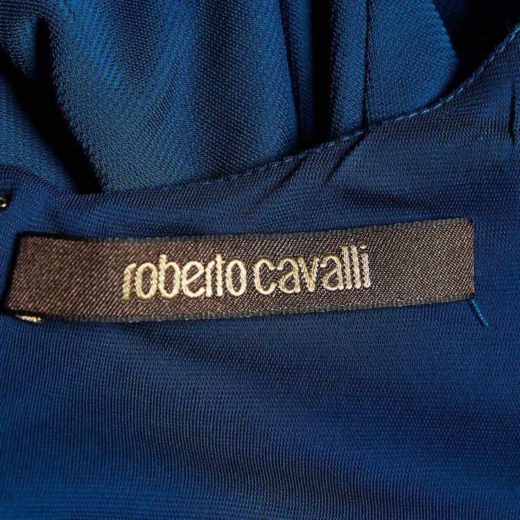 Pre Owned Roberto Cavalli Teal Blue Jersey Snake Trim Detail Midi Dress M