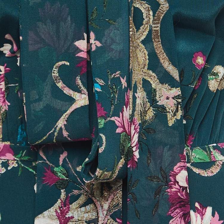 Pre Owned Roberto Cavalli Green Floral Print Silk Pleat Detail Sleeveless Maxi Dress S