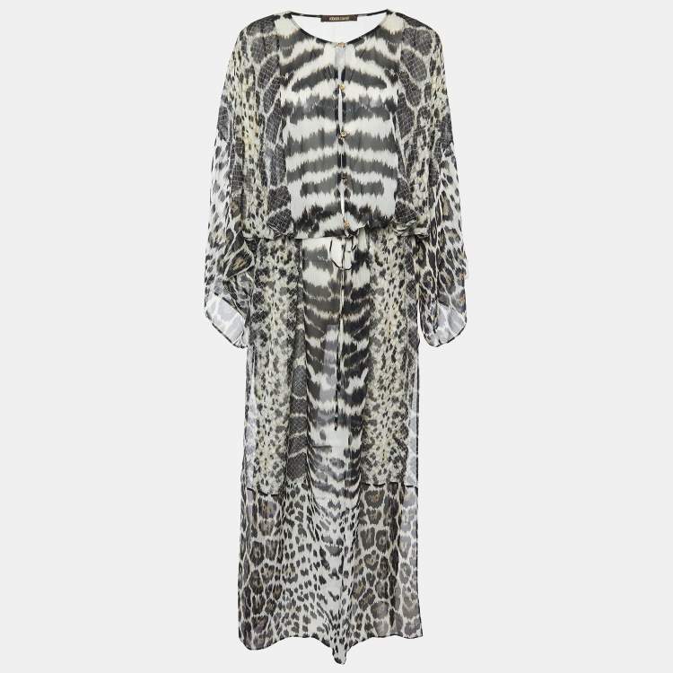 مملوكة مسبقًا Roberto Cavalli Black Animal Print Silk Maxi Kaftan M