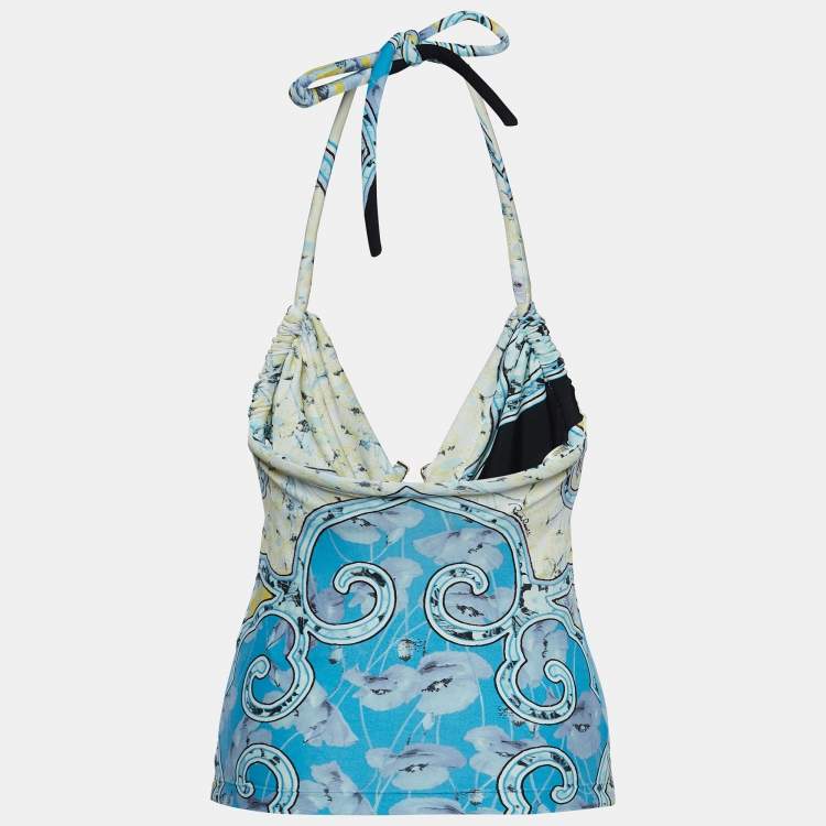 Pre Owned Roberto Cavalli Multicolor Print Stretch Knit Halter Neck Top S