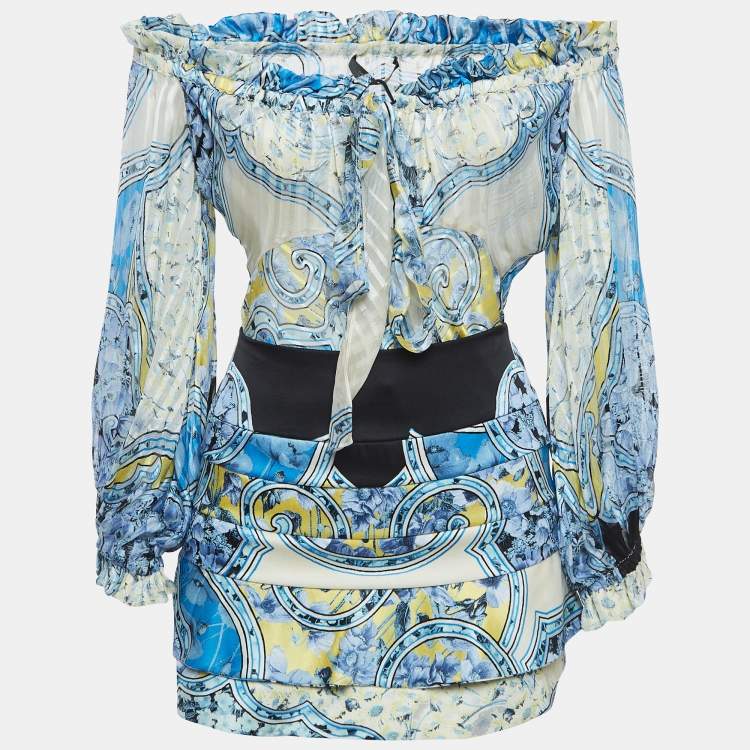 Pre Owned Roberto Cavalli Multicolor Print Silk Top Skirt Set S