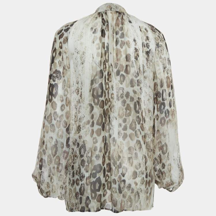 Pre Owned Roberto Cavalli Beige Animal Print Silk Pleated Sheer Shirt S