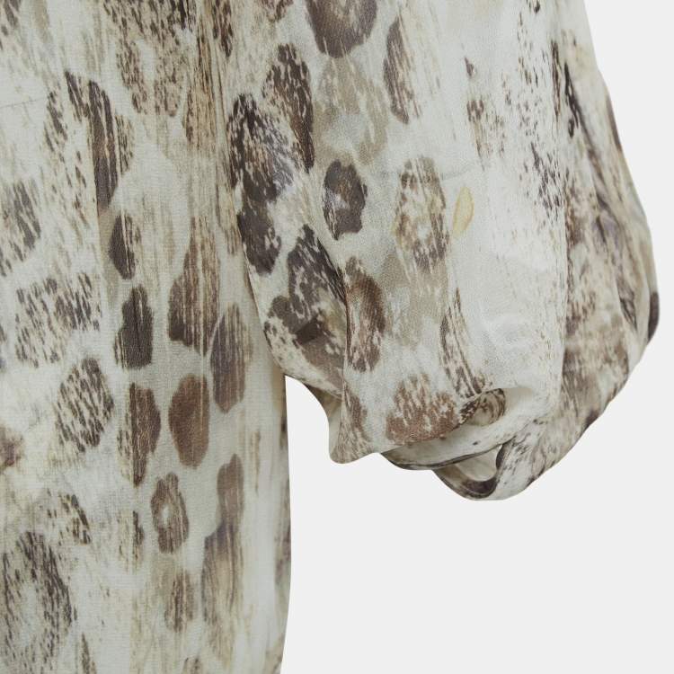 Pre Owned Roberto Cavalli Beige Animal Print Silk Pleated Sheer Shirt S