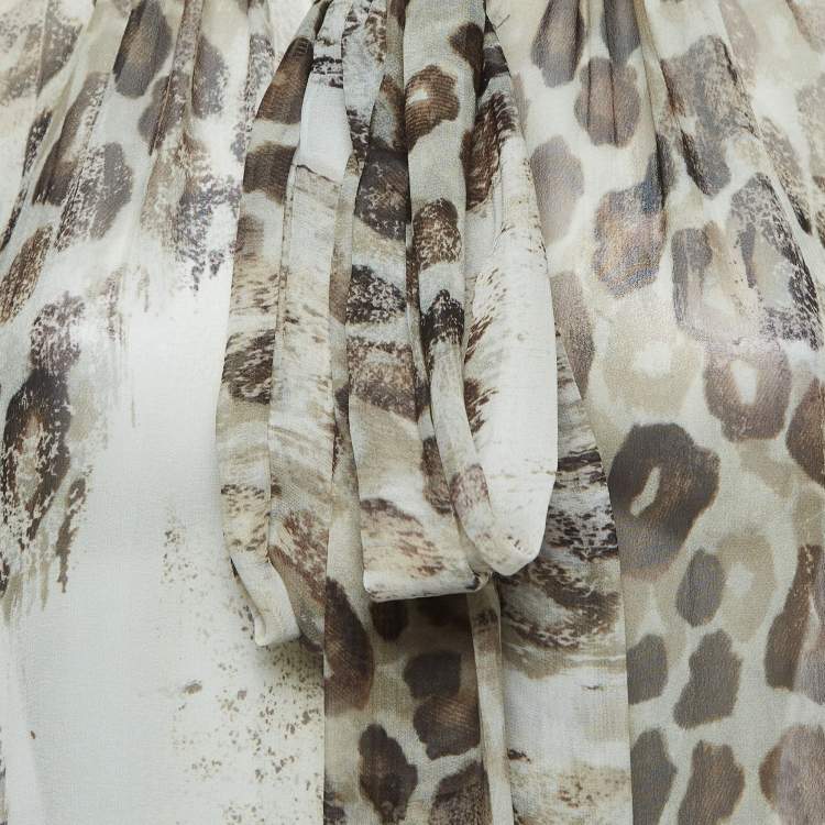 Pre Owned Roberto Cavalli Beige Animal Print Silk Pleated Sheer Shirt S