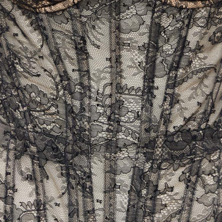 Pre Owned Roberto Cavalli Black/Beige Sheer Victorian Lace Padded Corset Bodysuit XL