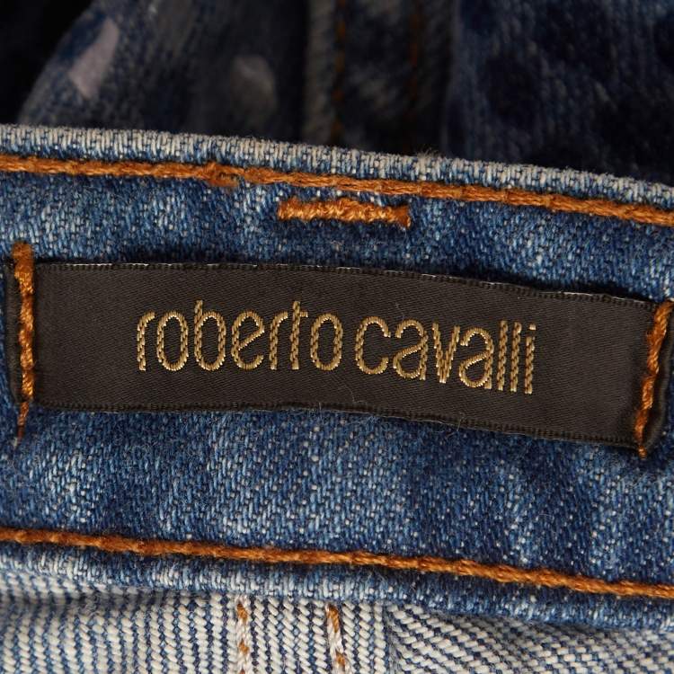 Pre Owned Roberto Cavalli Blue Textured Denim Wide Leg Jeans L Waist 31"