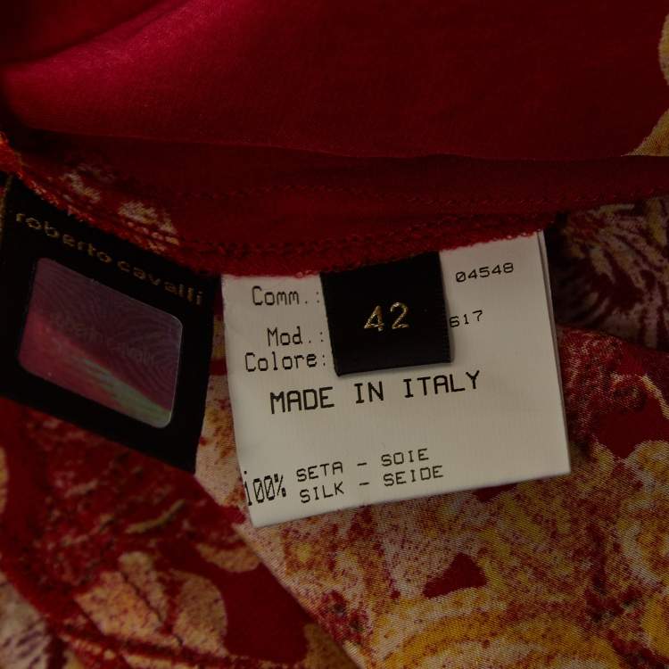 Pre Owned Roberto Cavalli Red Print Silk Paneled Knee Length Skirt M