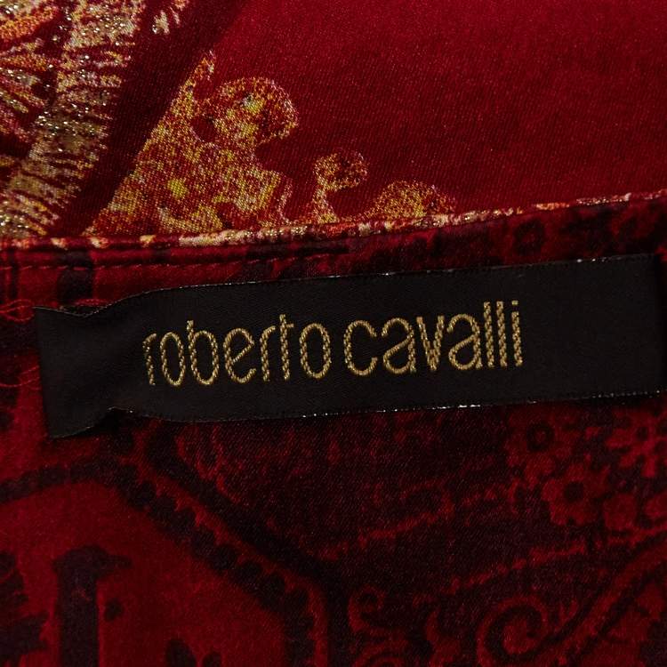 Pre Owned Roberto Cavalli Red Print Silk Paneled Knee Length Skirt M