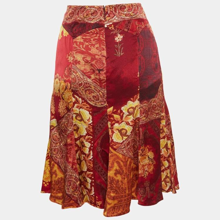 Pre Owned Roberto Cavalli Red Print Silk Paneled Knee Length Skirt M
