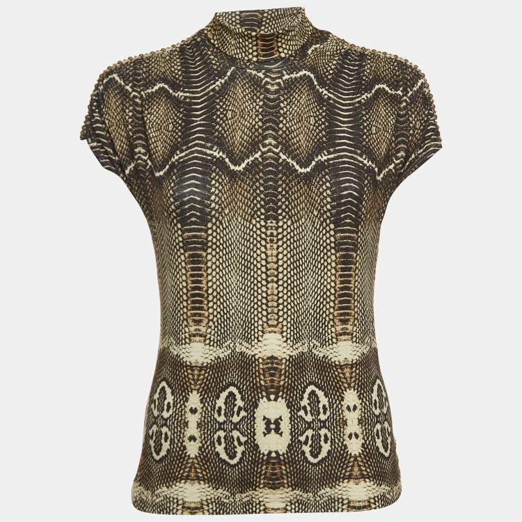 Pre Owned Roberto Cavalli Black Snakeskin Print Knit High Neck Top M